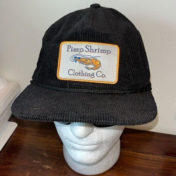 NEW Pimp Shrimp Clothing Co. BLACK CORDUROY Hat Cap SnapBack Full Logo Fishing - Picture 1 of 4